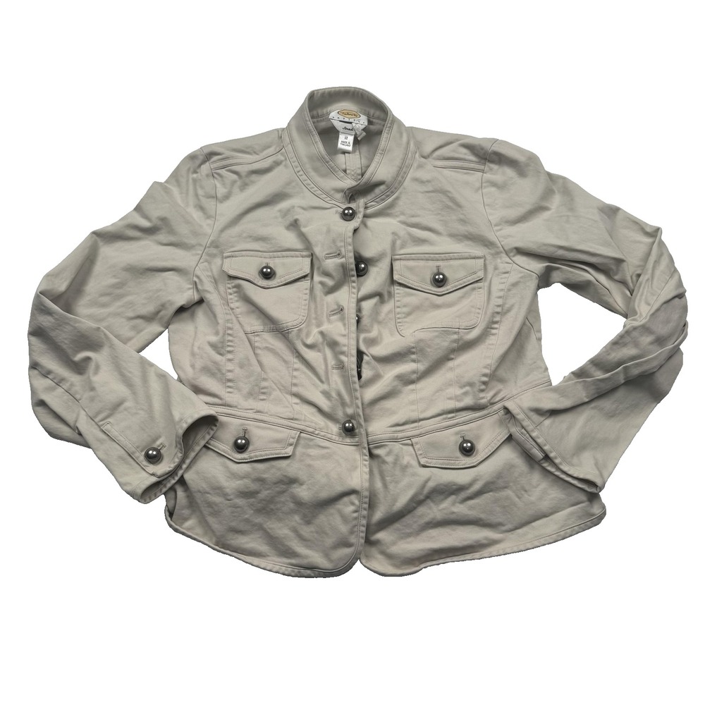 Talbots Jacket Womens 12 Beige Stretch Utility Military Pockets Button Up Petite
